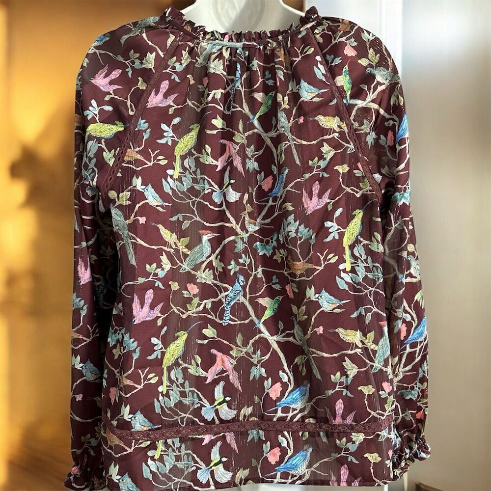 J. Crew Point Sur Deep Brown Ruffle Blouse Cottage Bird Print Semi Sheer Top - Picture 4 of 9